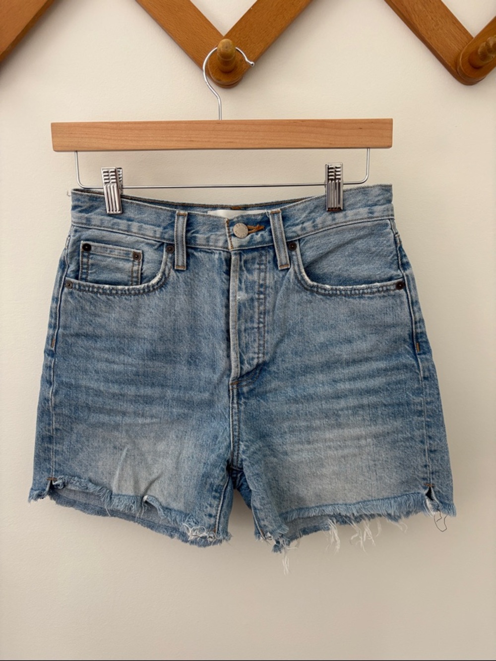 Denim Forum The Yoko Mid Thigh Light Blue High-Rise Cutoff Jean Shorts